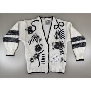 Vintage 80s CSL Cherry Stix LTD Cardigan Sweater S/M White Black Bow Art Teacher
